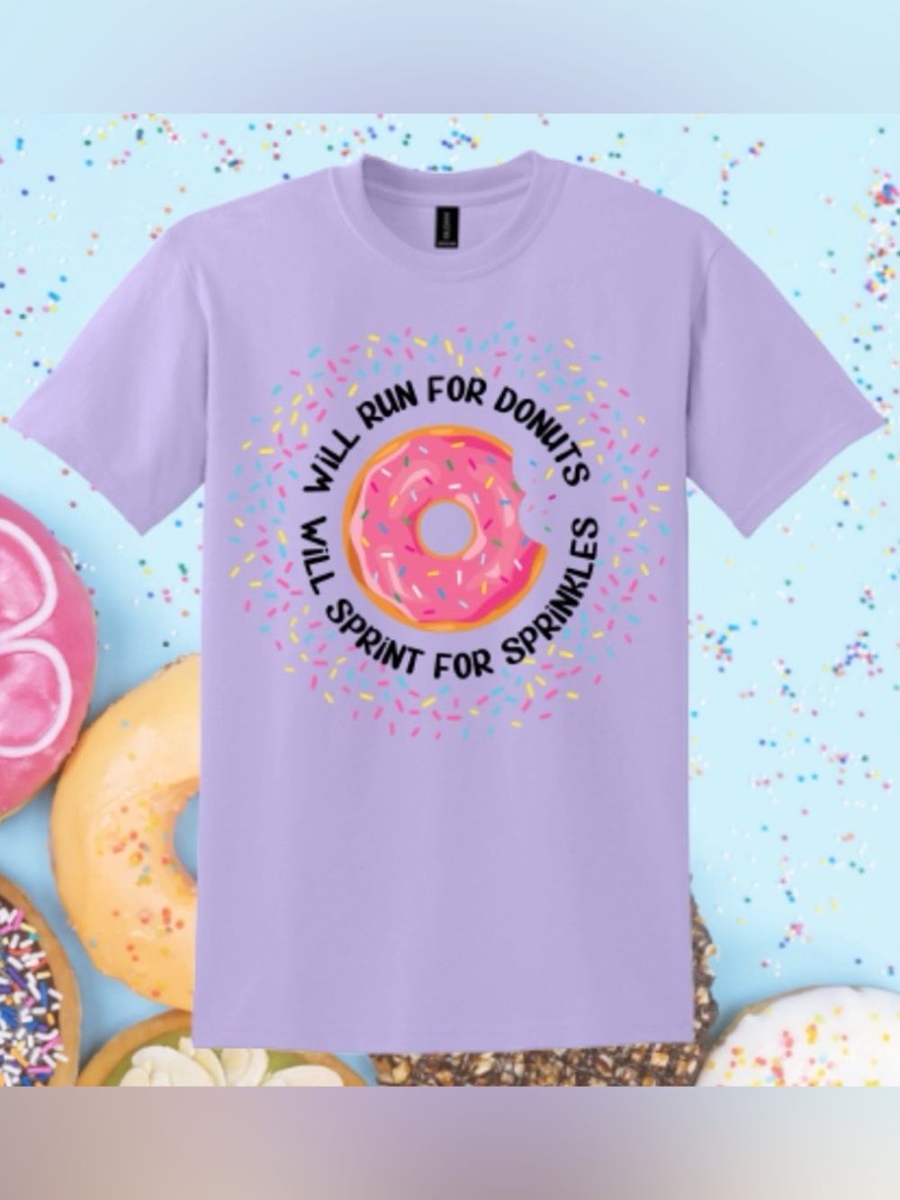Donut Graphic T-Shirt Size Large Lavender “Will Run for Donuts” Cute Food Tee
